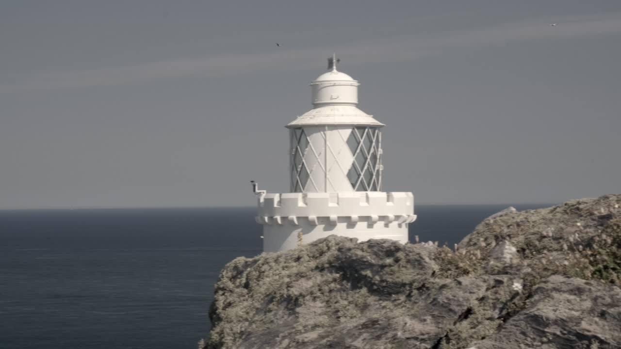 Pan left to right shows rocky foreground with flowers, revealing lighthouse by sea