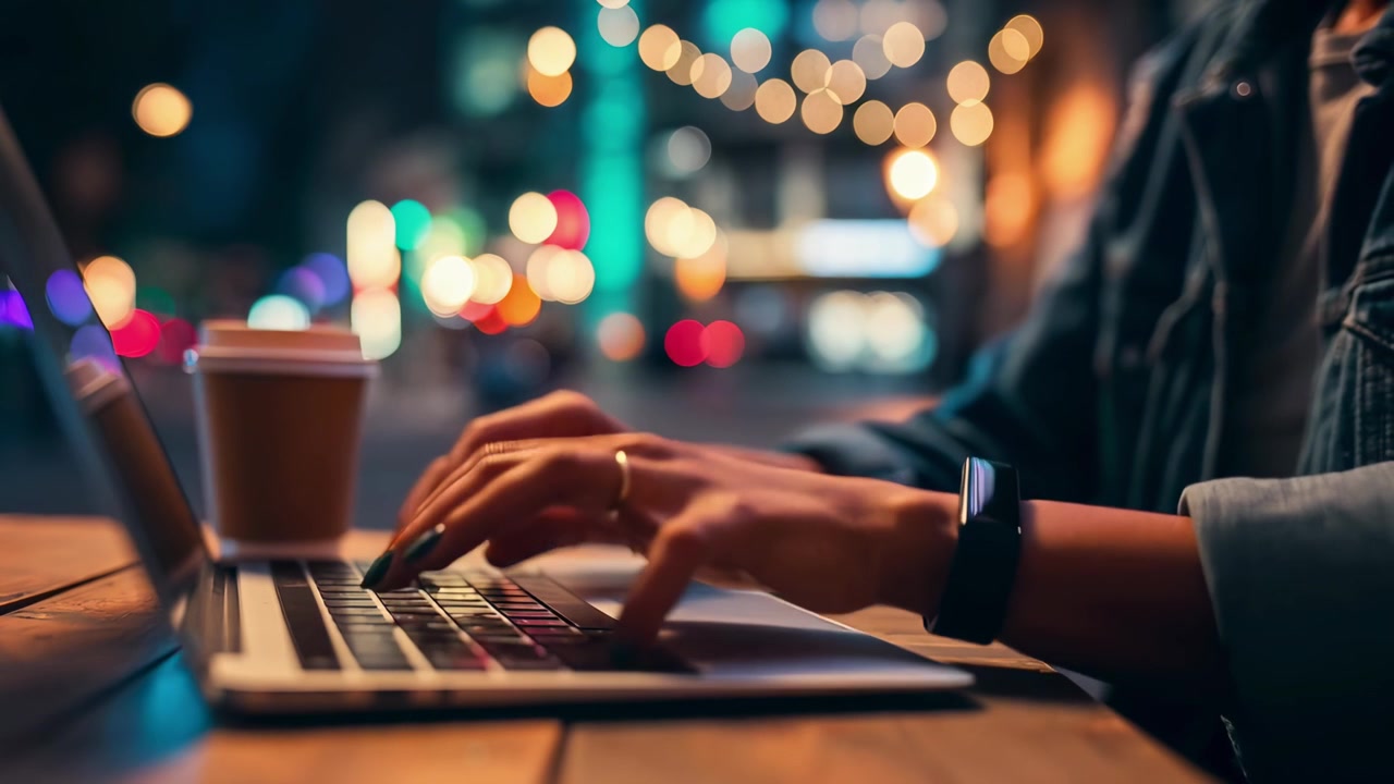 Mani che digitano al laptop all'aperto di notte con luci della città