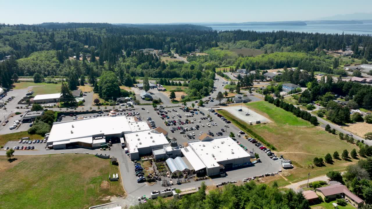 High up aerial view of the main storefront complex in Freeland, Washington
