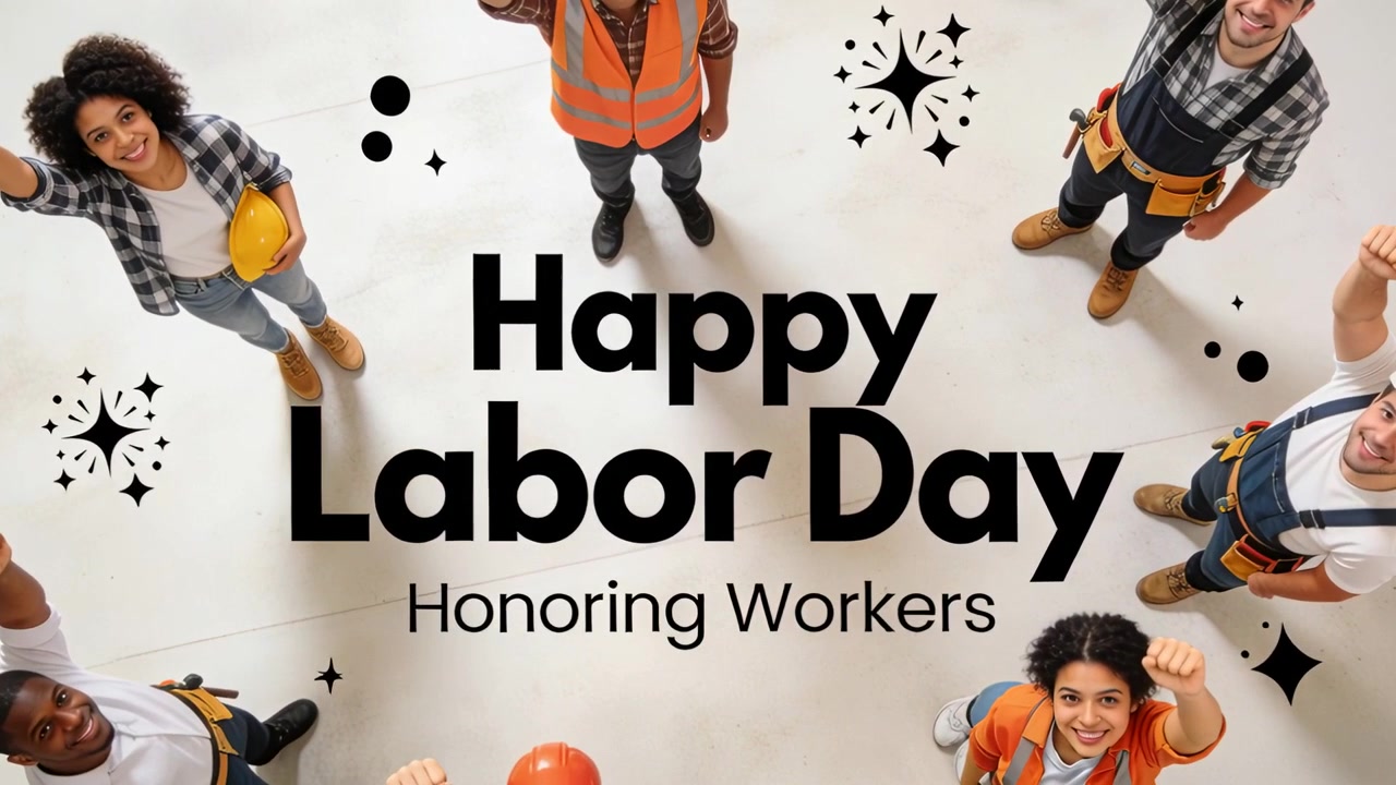 Rolling overhead camera, crew raising fists holding helmets in studio, Labor Day honoring workers
