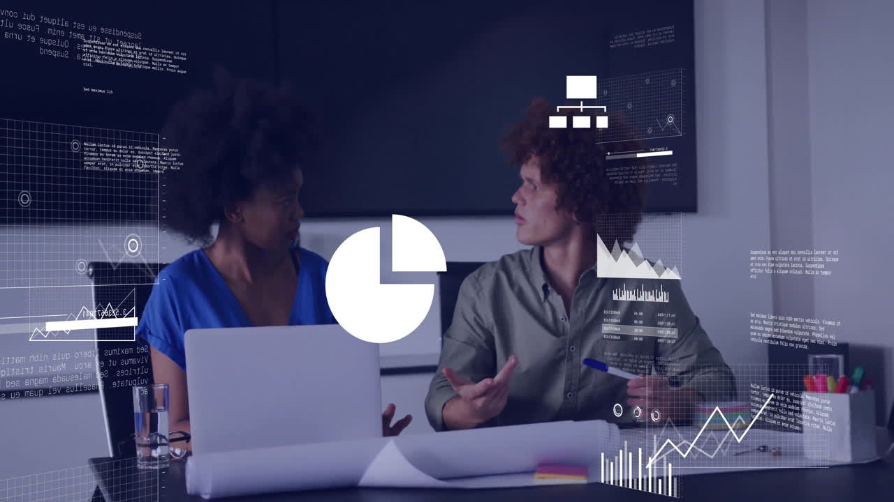 Animation of financial data processing over diverse colleagues discussing work in office