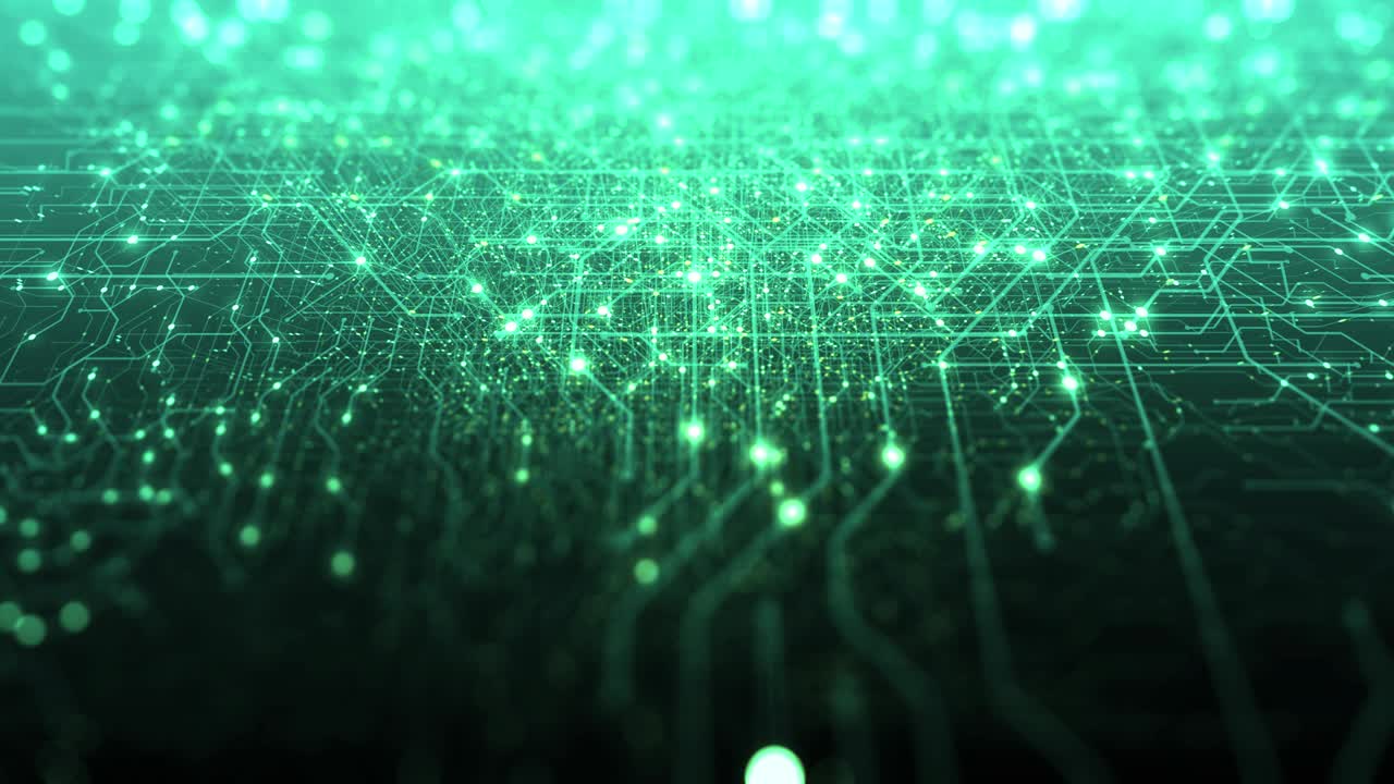 Abstract digital city. Digital Circuit board, Motherboard, Digital chip. Digitalization of Information: IT, IOT, Server, Data Center. Animated Visualization Network Data. 3D render, 4K seamless loop