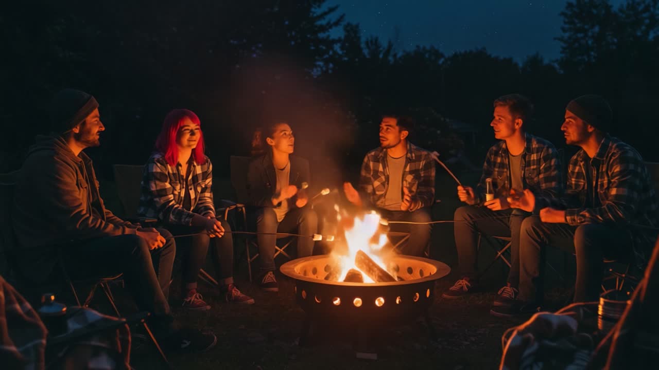 친구 들 이 밤 에 캠프 불 을 즐기고 있다