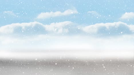 animation of snow falling in seamless loop over clouds on blue sky in background