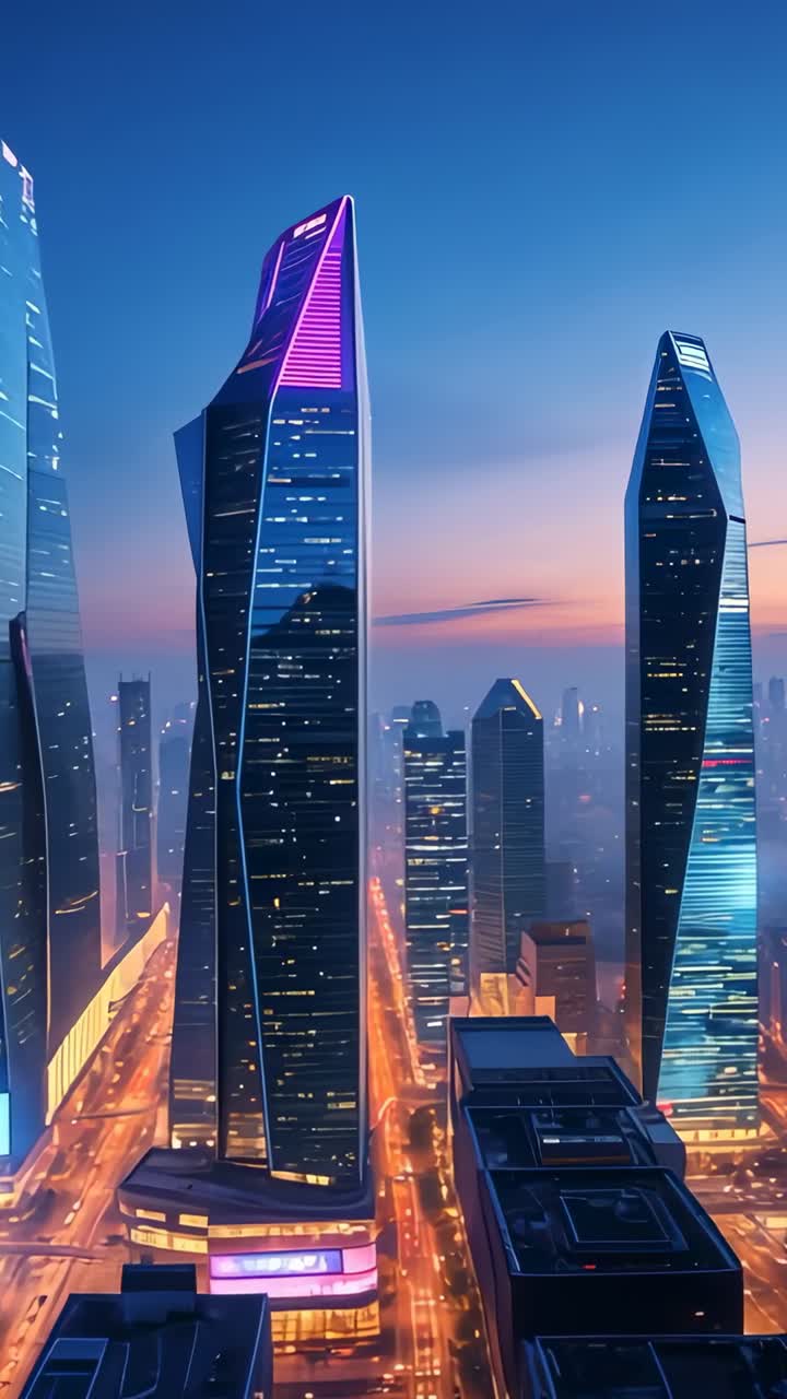 Vertical video: Opening shot initiating zooming on skyscraper at dusk, revealing purple LED crown