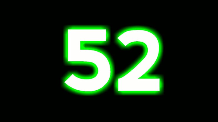 Neon number 52 fifty two sign symbol modern animation motion graphics flicking on black background,green color glowing and shining for video elements
