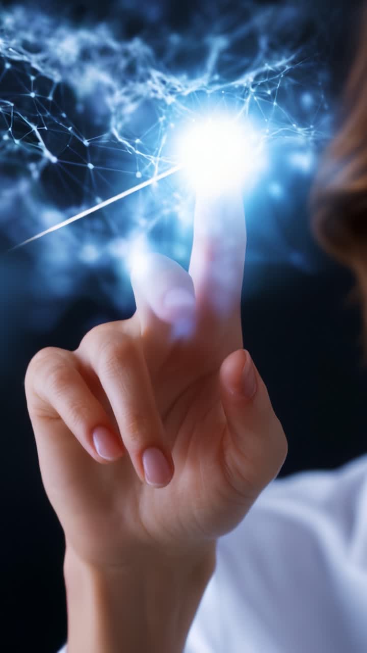 Uma visão em close-up de um dedo tocando suavemente uma rede brilhante de conexões, simbolizando tecnologia, inovação e o entrelaçamento da interação humana e do progresso digital