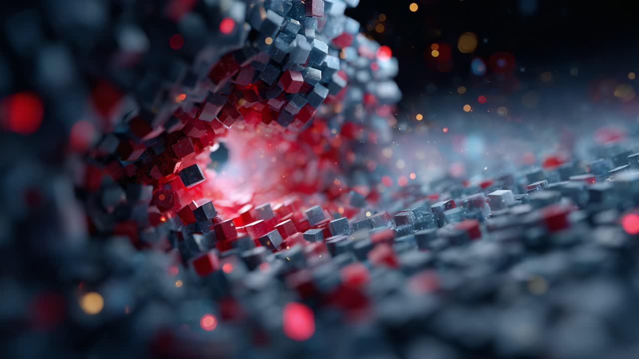 A Dynamic Exploration of Abstract Cubic Structures in a Vibrant Cosmic Scene, Featuring Glowing Particles and a Mesmerizing Depth of Field Effect