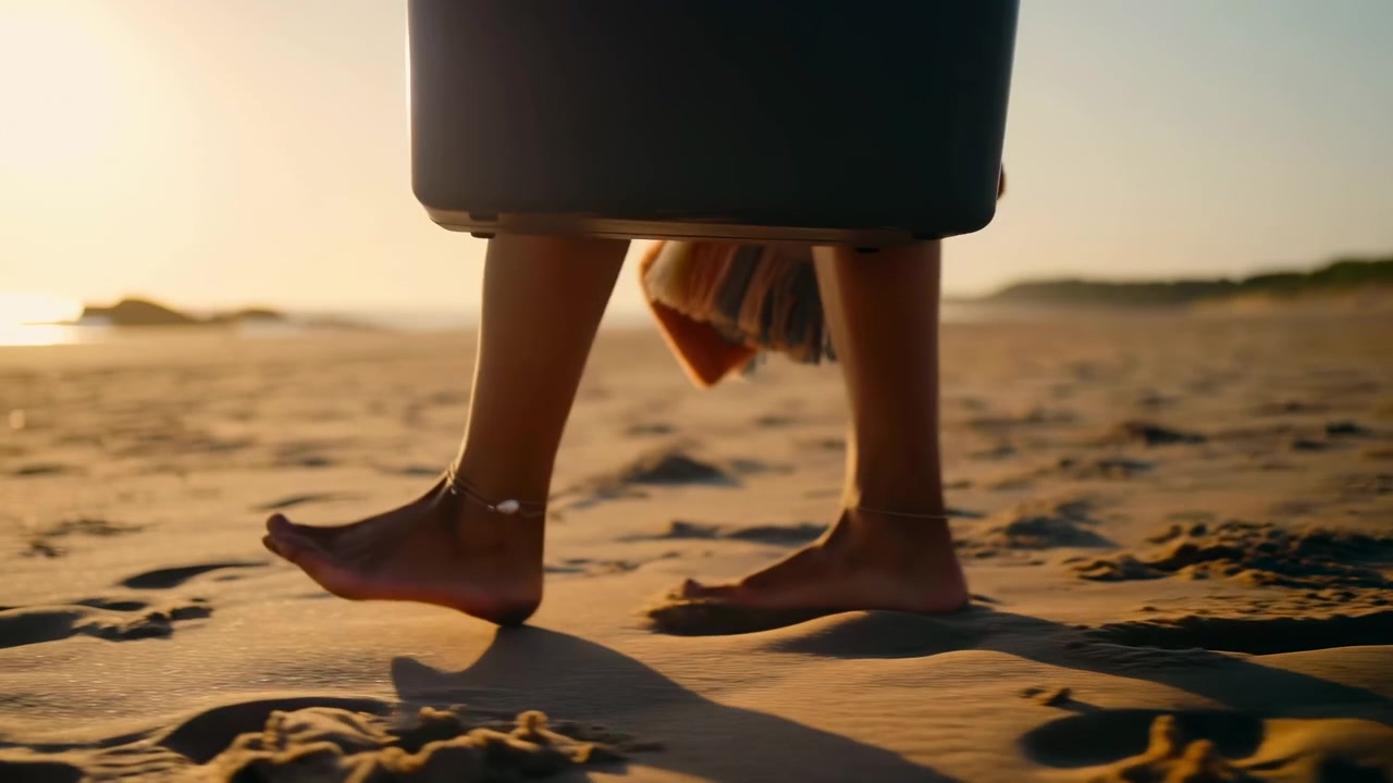 Vista dal basso di piedi e parte inferiore delle gambe che camminano su una spiaggia sabbiosa illuminata dal sole, mentre trasportano un frigo portatile con un asciugamano frangiato, mostrando la calda luce dell'ora d'oro, ombre morbide, la texture costiera e un'estate rilassata.