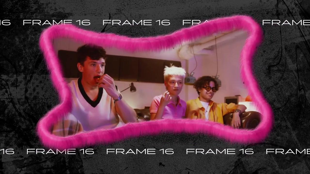 Three Friends Relaxing and Snacking in a Vibrant Pink Fluffy Frame