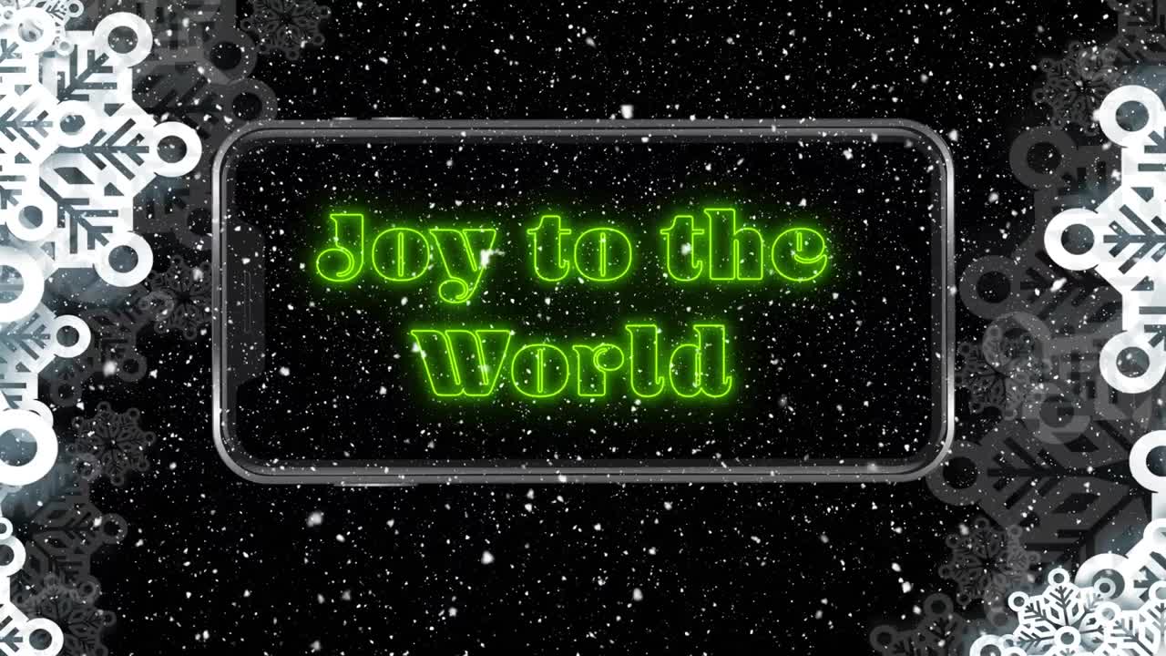 animación de alegría para el mundo texto sobre la caída de nieve y copos de nieve en navidad