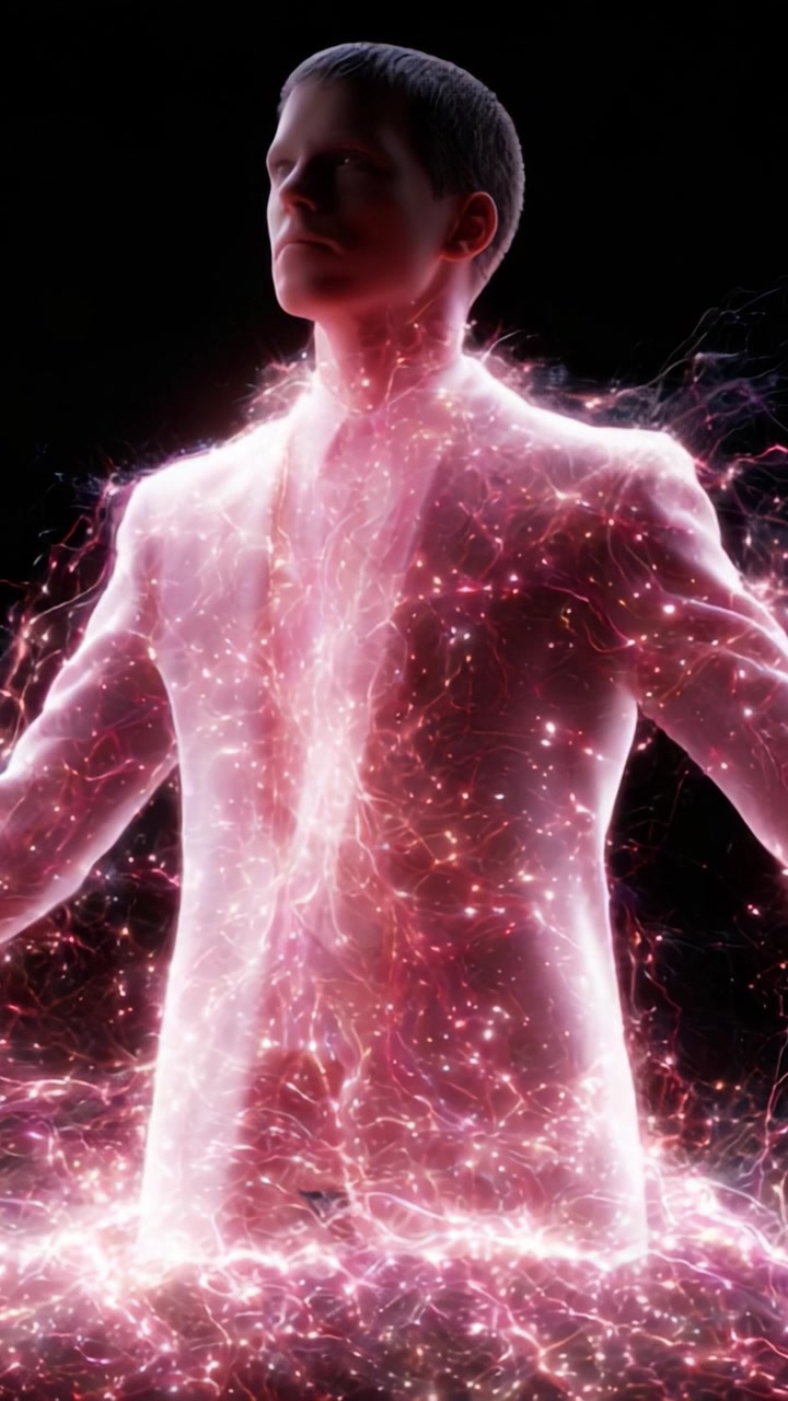 A Mesmerizing Display of Energy and Light Surrounds a Man, Representing Vitality and the Essence of Life Through Radiant Particles and Dynamic Colors