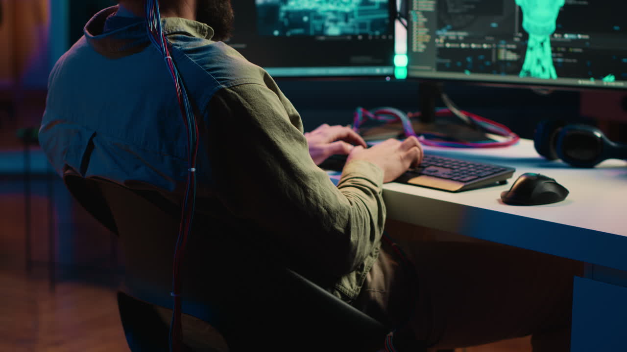 Man merging mind with AI, uploading consciousness, trying to become cyborg