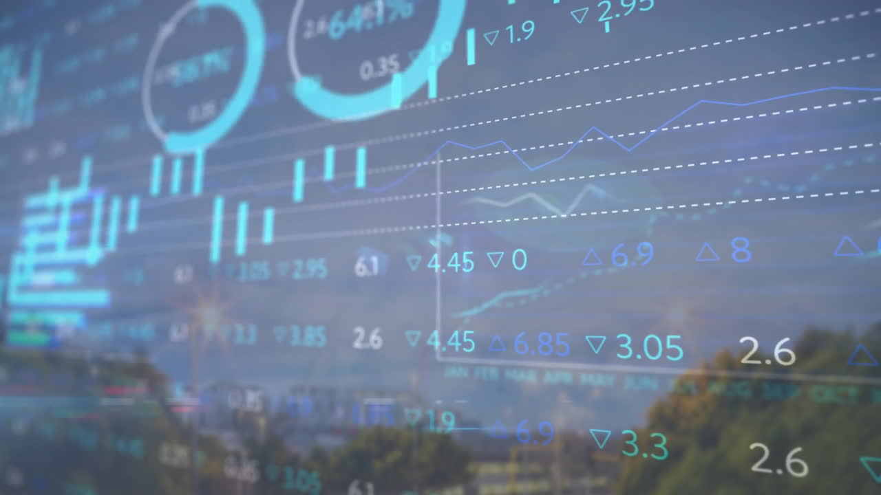 animación del procesamiento de datos financieros sobre el paisaje urbano