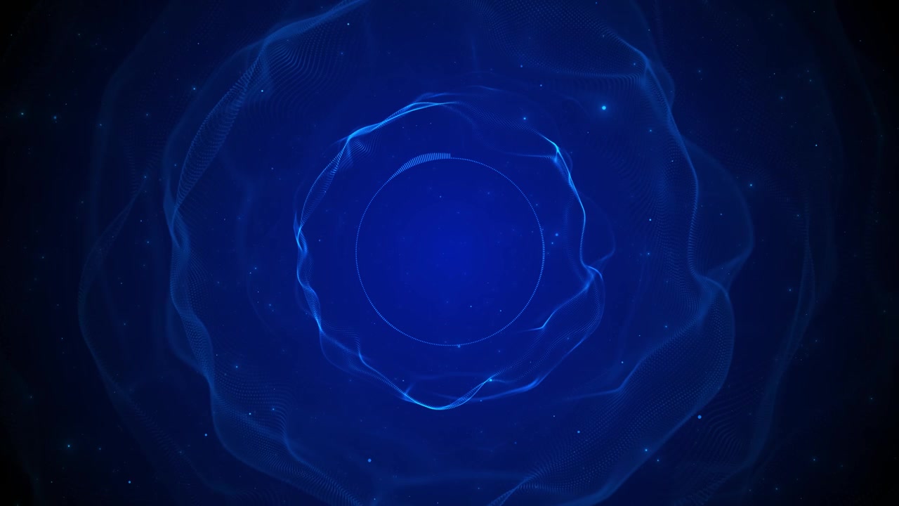 Fundo abstrato azul de círculo de energia, anel de onda brilhante, partículas estelares no espaço escuro, digital suave