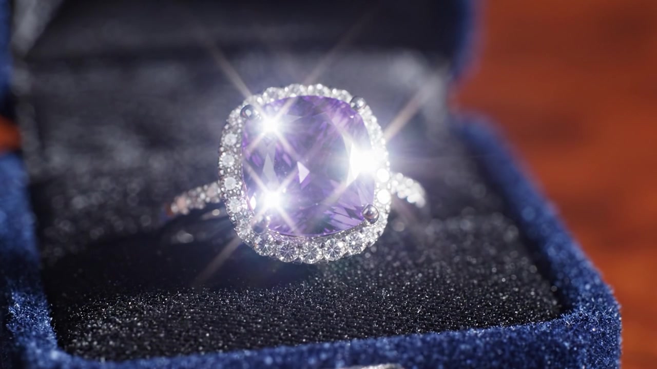 An Elegant Reveal: A Stunning Purple Gemstone Ring Nestled in a Luxurious Velvet Box Captured in a Captivating Close-Up Shot