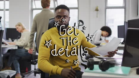 animation of man in yellow sweater working at office desk, reading details