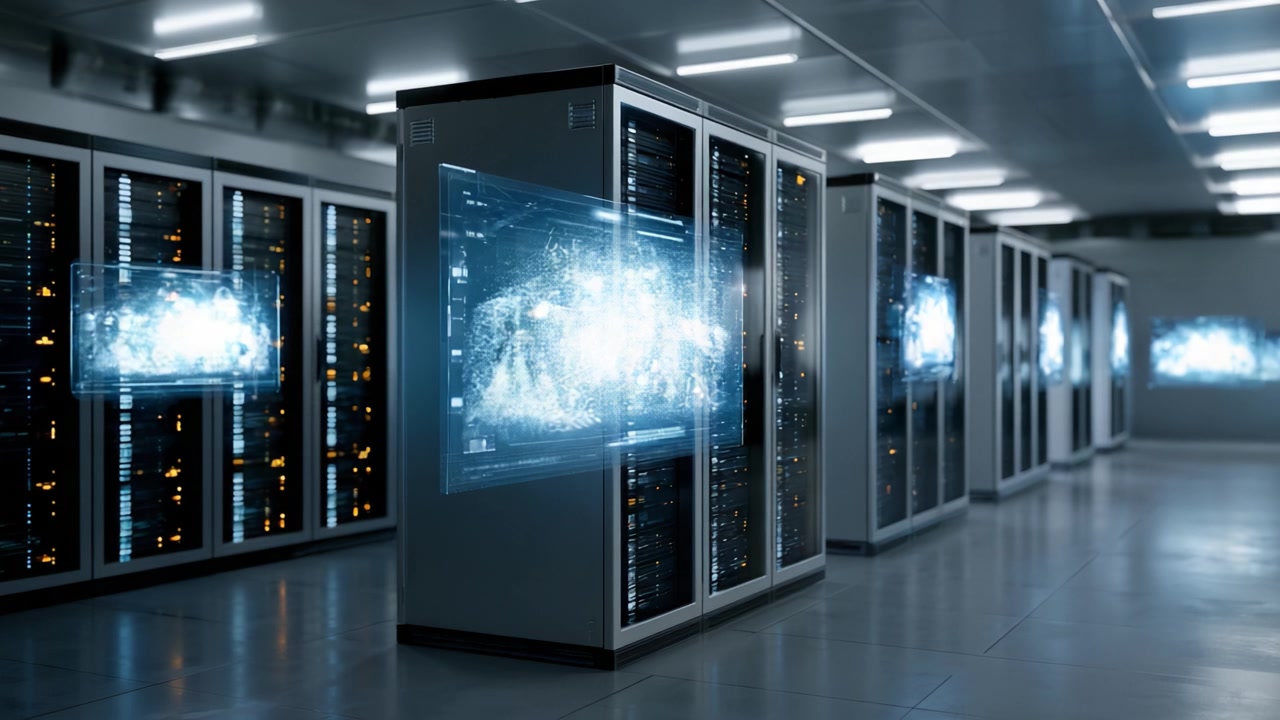 Futuristic Data Center Interior with Server Racks and Digital Displays Showcasing High-Tech Data Processing and Storage Solutions in a Modern Environment