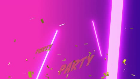 confeti dorado cayendo sobre los banners de texto de la fiesta contra las formas de neón en el fondo degradado