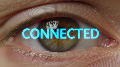 a close-up of an eye featuring the word 'connected,' symbolizing vision and interpersonal connections, highlighting the importance of awareness and perception