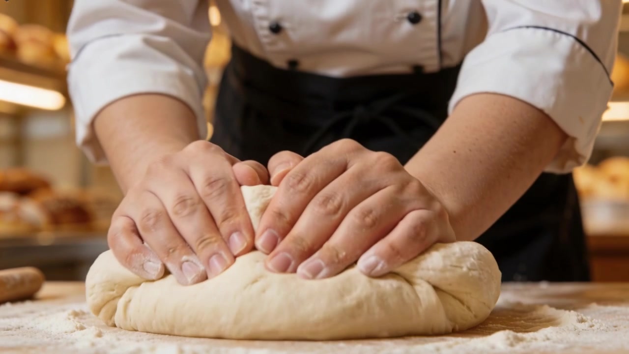 Pressing baker's hands in chef jacket black apron shaping ball of dough in bakery, readying loaf