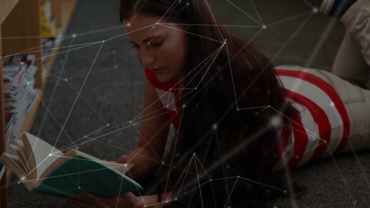woman opening teal book and leaning closer reading text while network lines drifting across library