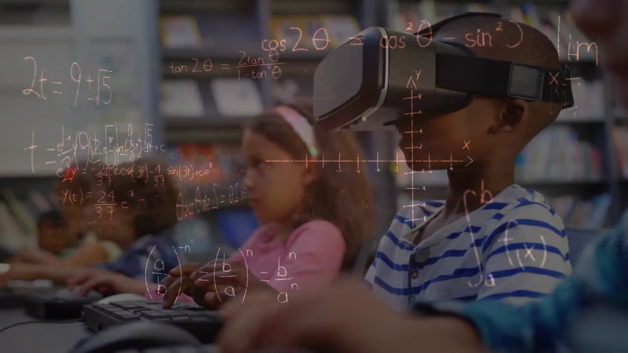 Mathematical equations floating against african american boy wearing vr headset at elementary school