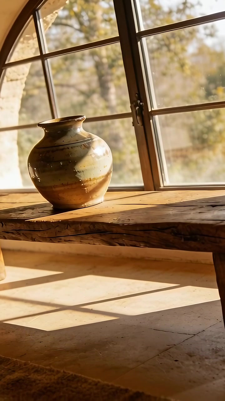 Video verticale: Telecamera che si sposta rivelando un vaso smaltato sul davanzale di una finestra ad arco che mostra ombre.