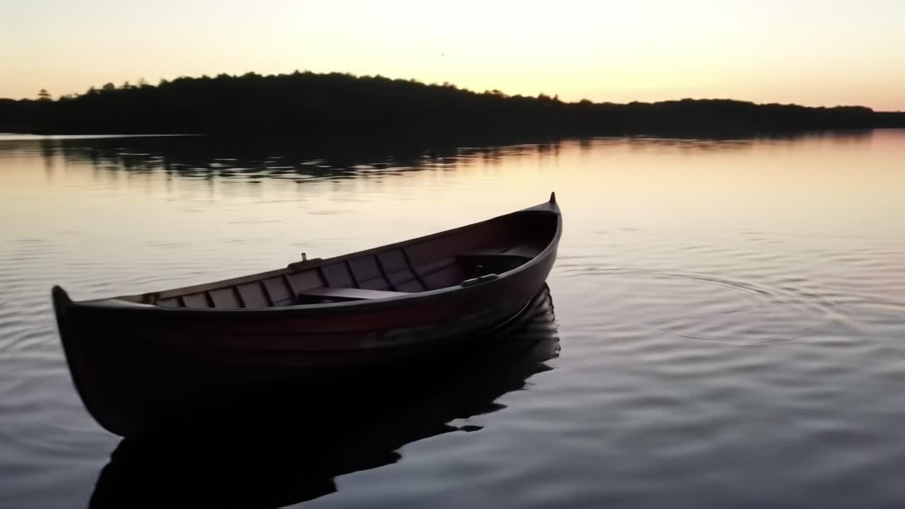 A serene evening unfolds as the sun dips below the horizon, casting warm hues over the calm water. A wooden boat floats gently, surrounded by nature's beauty, creating a peaceful atmosphere.