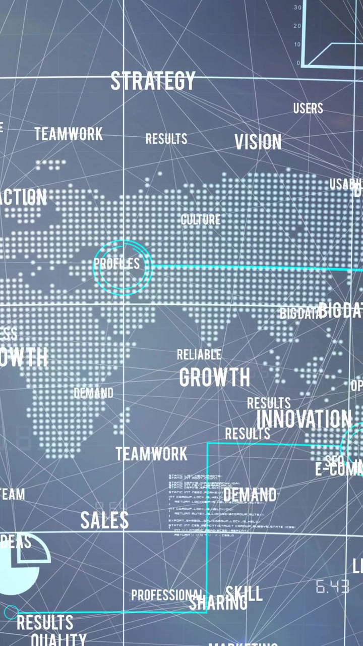 Animation of network of connections with digital words over world map in background