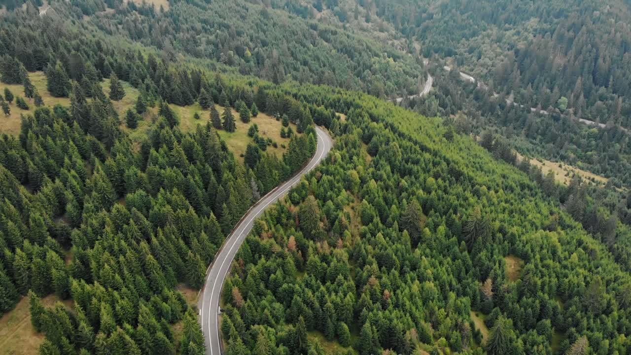 coches conduciendo por una carretera rural en un bosque montañoso - toma aérea de drones