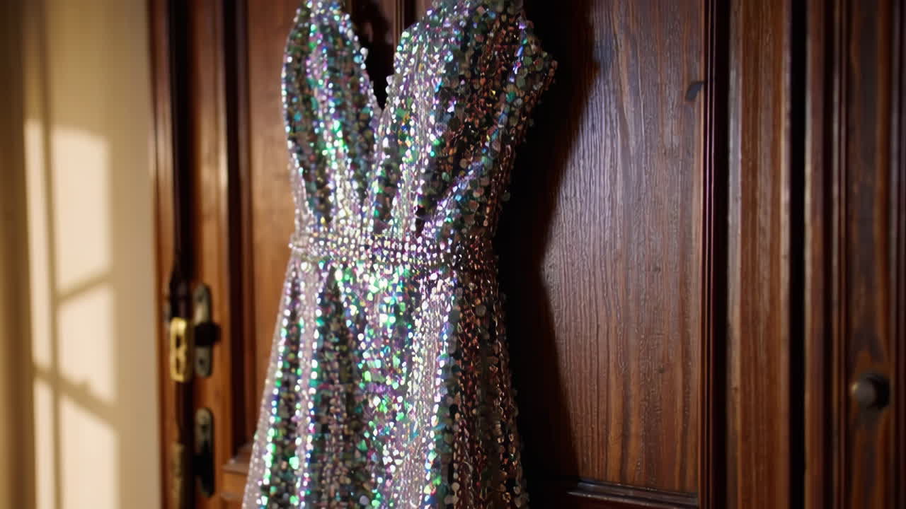 Sparkling Sequin Dress Hanging on a Wooden Door