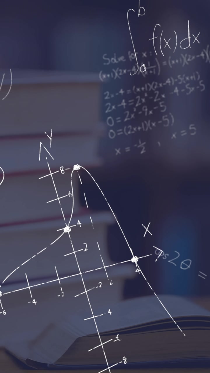Pile of books and mathematical equations and graphs