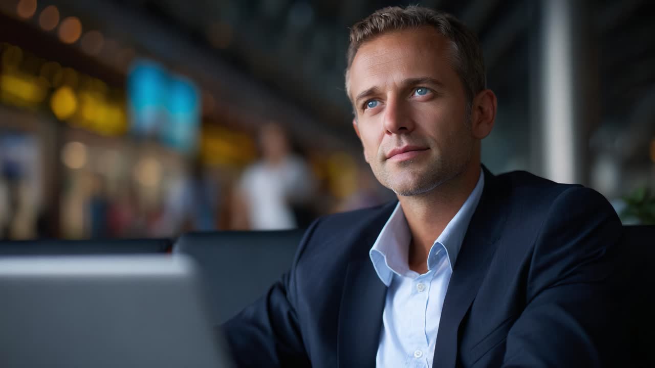 Professionel mand, der betragter et moderne arbejdsområde og udstråler selvtillid og fokus i et travlt miljø med bærbar computer og sløret baggrundsaktivitet