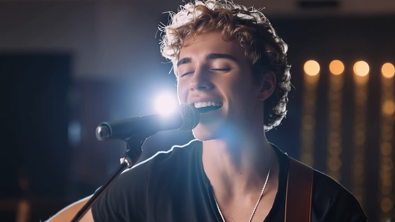 Young Man Singing and Playing Guitar on Stage