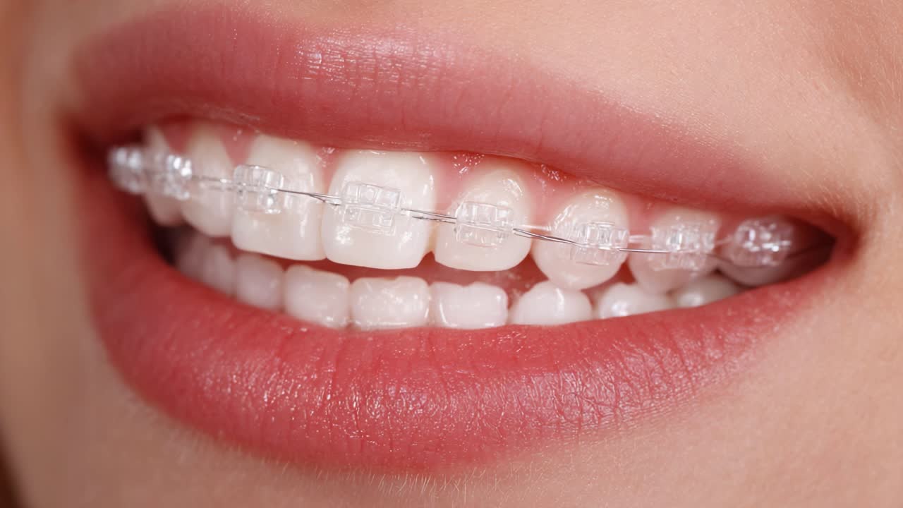 A Close-Up View of a Smiling Mouth with Clear Braces Highlighting Straightened Teeth and Healthy Gums, Showcasing Orthodontic Treatment Success