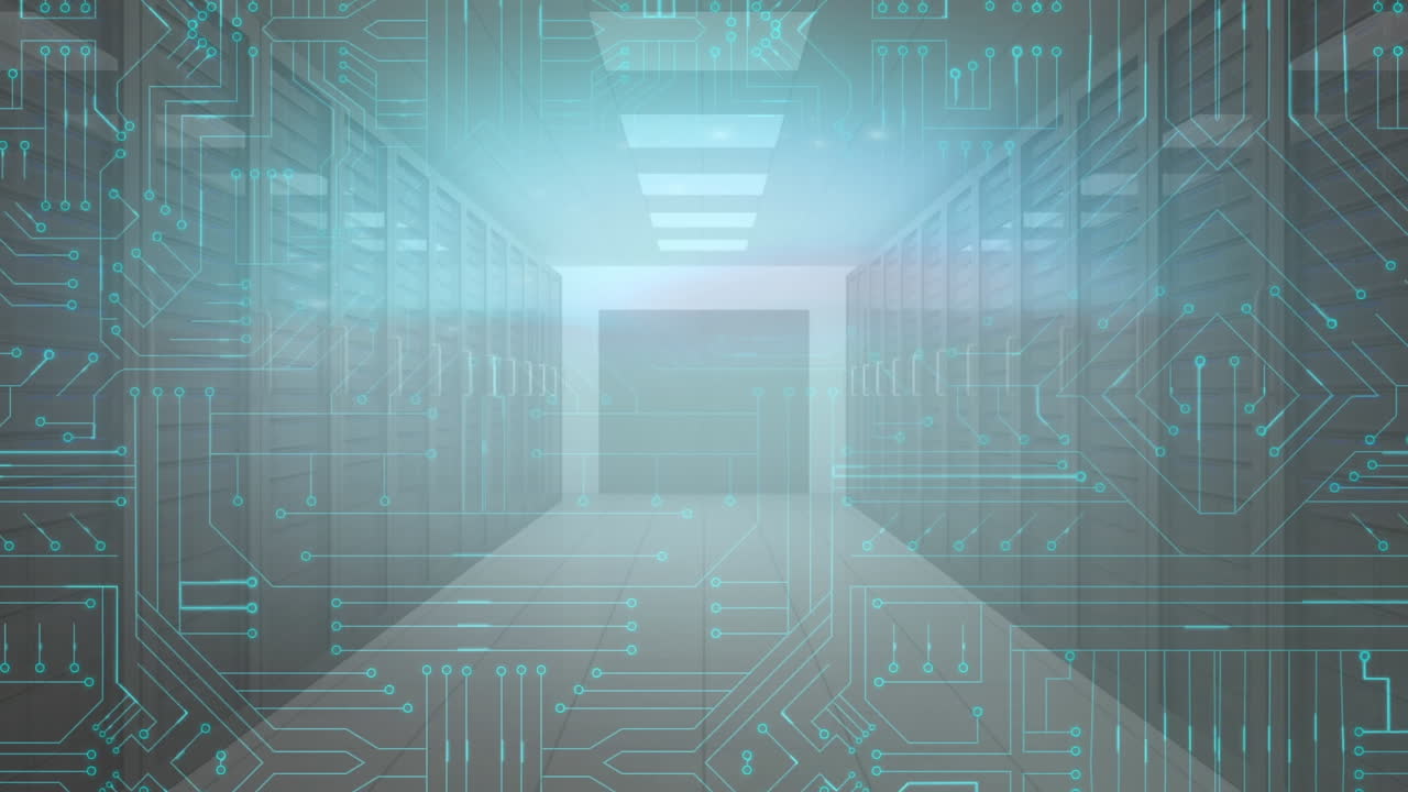 Computer server room with glowing motherboard moving in foreground