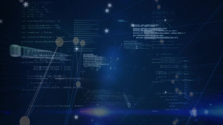 Animation of data processing and network of connections on black background
