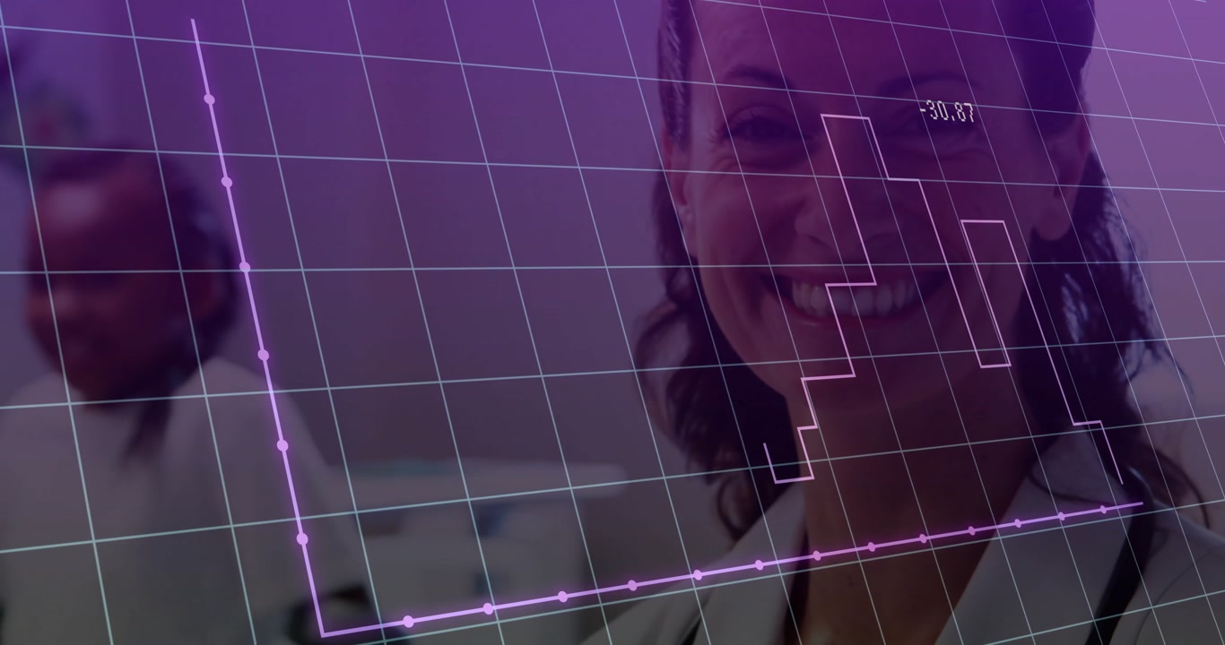 Female doctor analyzing data on clipboard causing purple grid charts animating, patient smiling