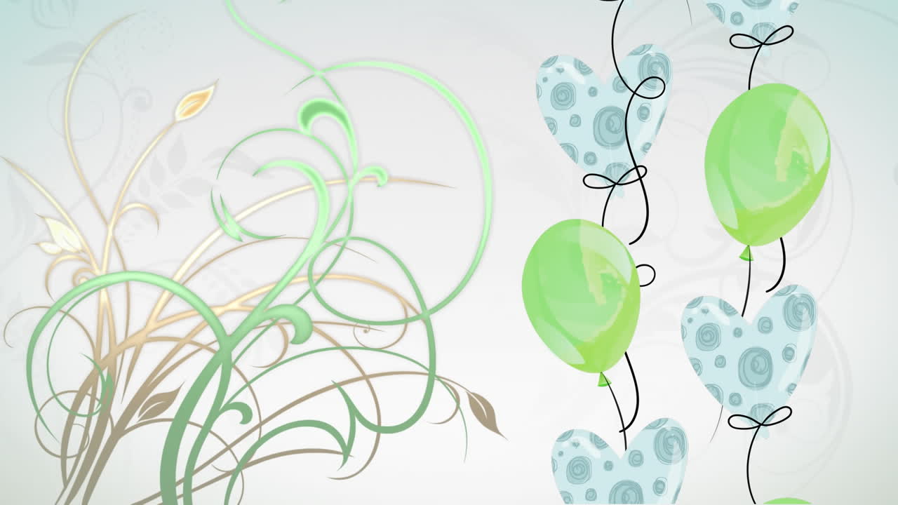 animación de globos y flores de colores sobre un fondo blanco