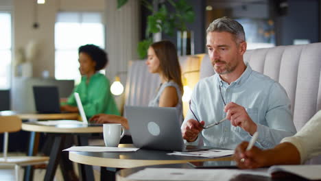 mature businessman working on laptop in informal seating area of modern office