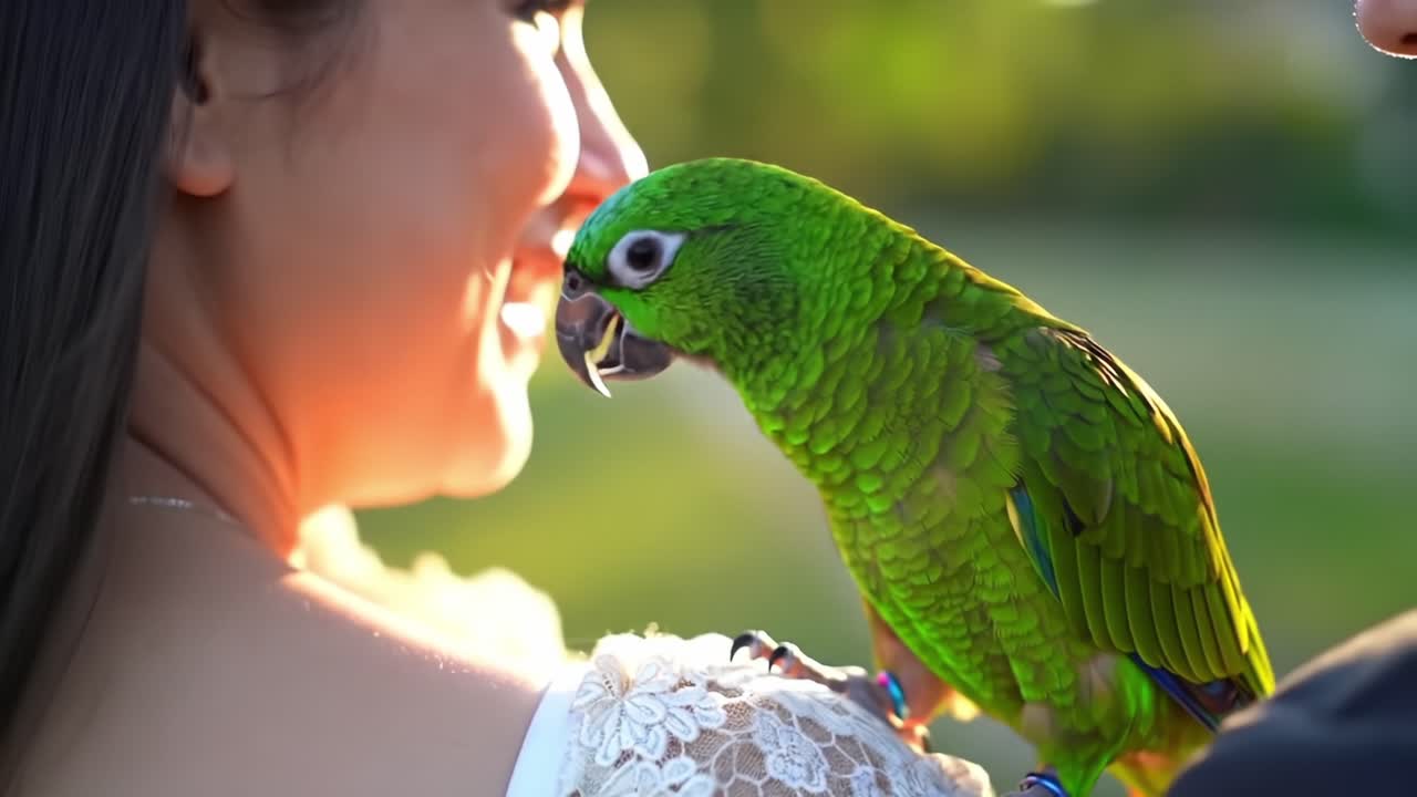 A Vibrant Green Parrot Interacting with Two People in a Natural Setting, Capturing Moments of Joy and Connection in a Beautiful Outdoor Environment