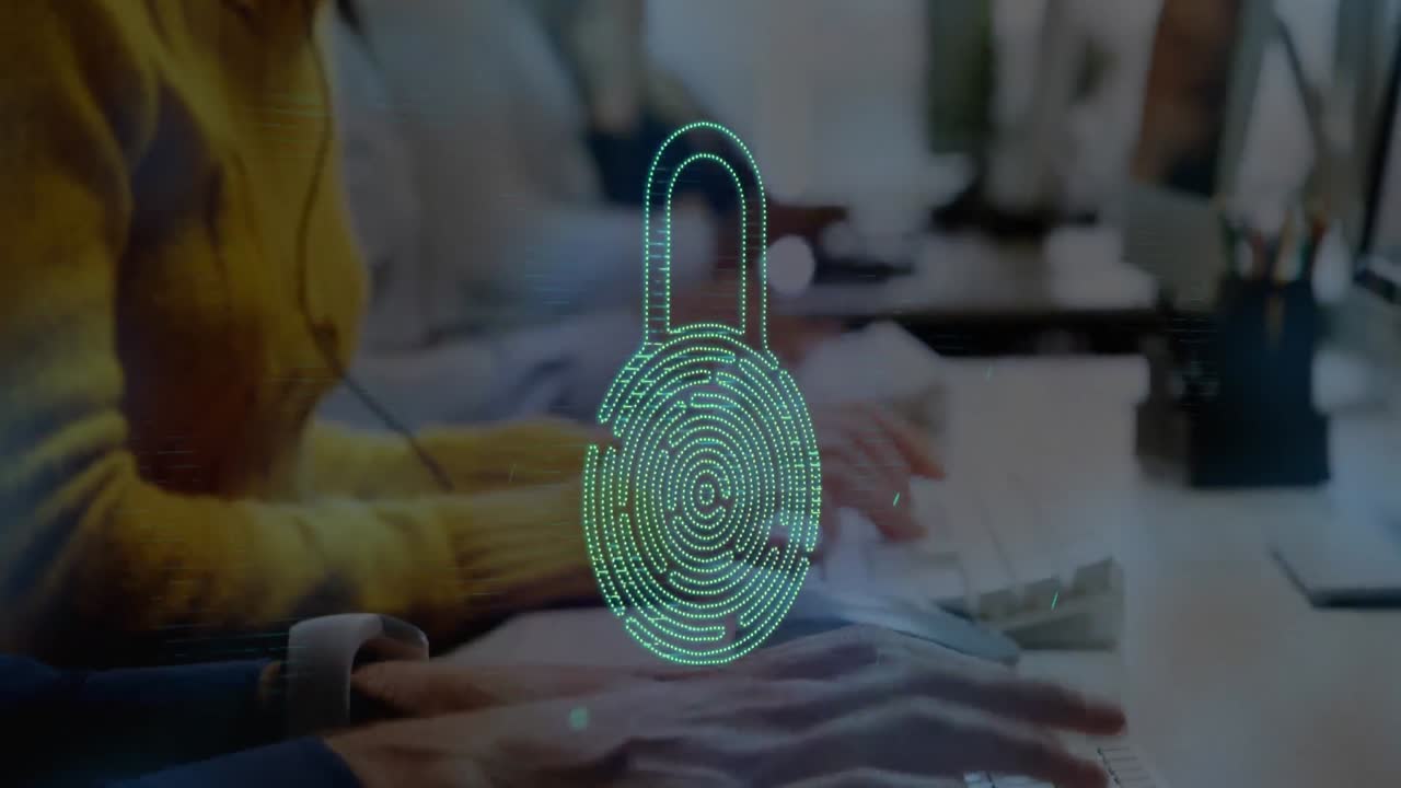 Animation of connections with padlock icon over caucasian businesswoman in office