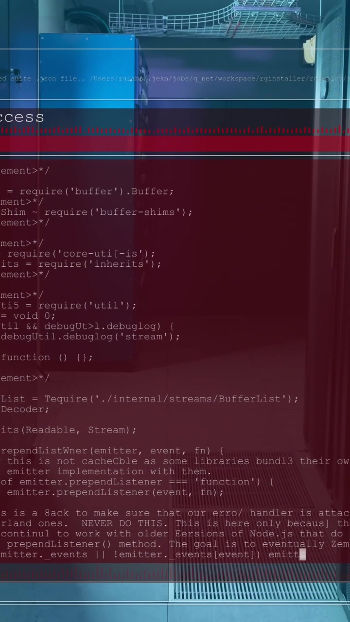 Animation von Computersprache und Benutzeroberfläche über einem Serverraum