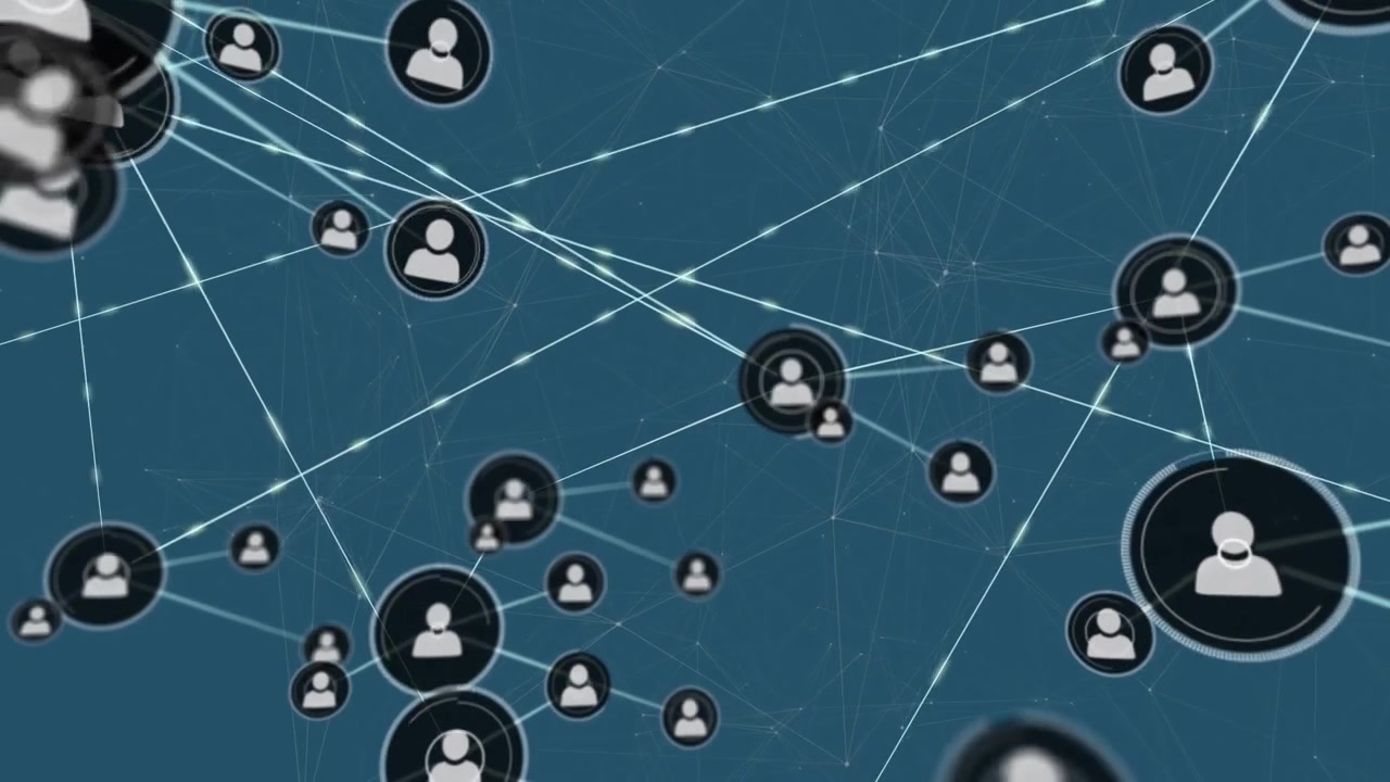 Animation of dots and profile icons interconnected with lines moving over blue background