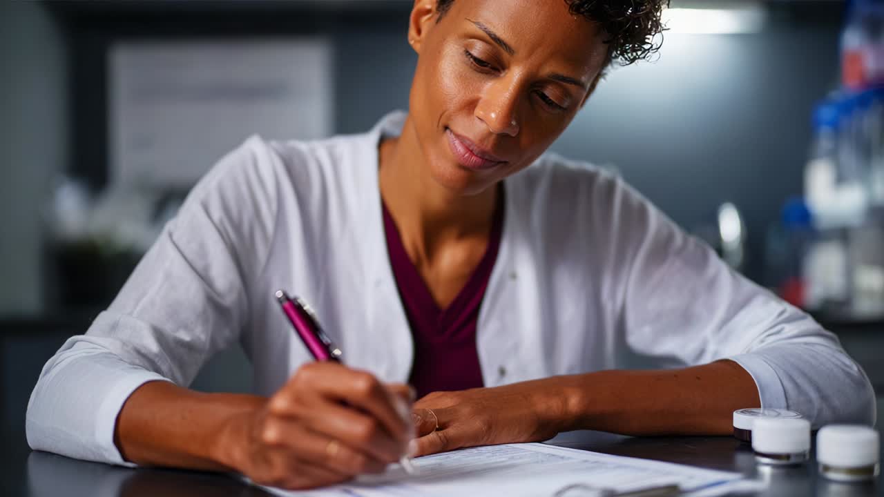 An engaged professional diligently writing notes in a medical or clinical setting, showcasing focus and expertise while utilizing a pen and paper, highlighting the importance of documentation in healthcare