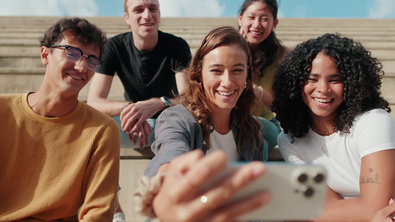 Group of young people taking a selfie or video with their phone