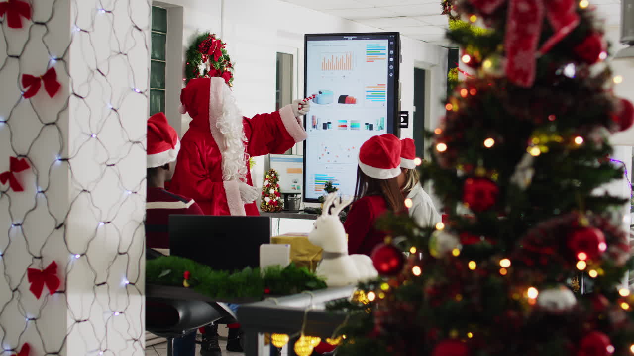 Santa Claus Visits Office for Christmas Meeting