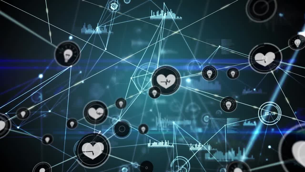 검은색 배경에 아이콘을 가진 연결 네트워크의 애니메이션