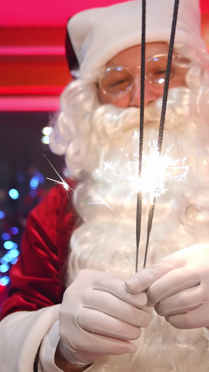 Santa indoors on New year tree background. Portrait of a real Santa Claus with white beard holding sparkling lights and looking at camera. Happy New Year. Vertical video